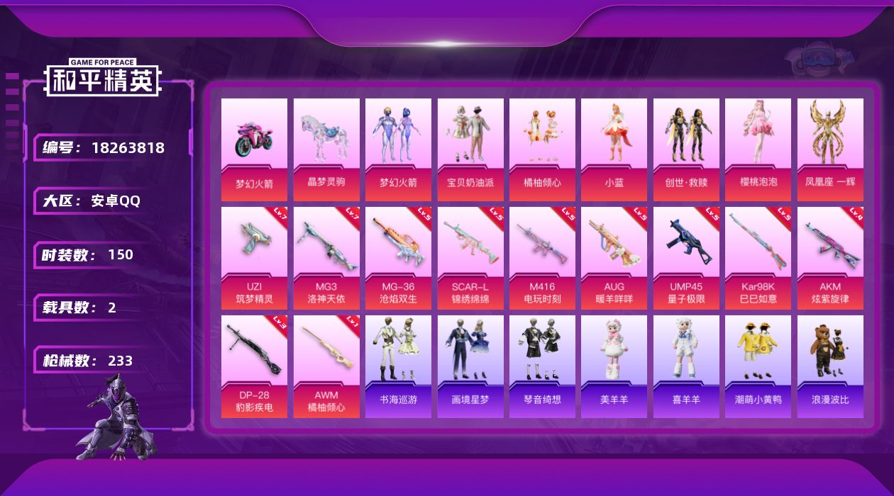 和平精英账号安卓QQ[18263818]安卓 手Q-7粉装-12特效枪-2载具-6粉色飞行器-70428热力值-8王牌印记-150套装-233枪皮
【热门品类】：粉装-梦幻火箭，套装-浪漫天命，套装-龟仙人，套装-潮萌小