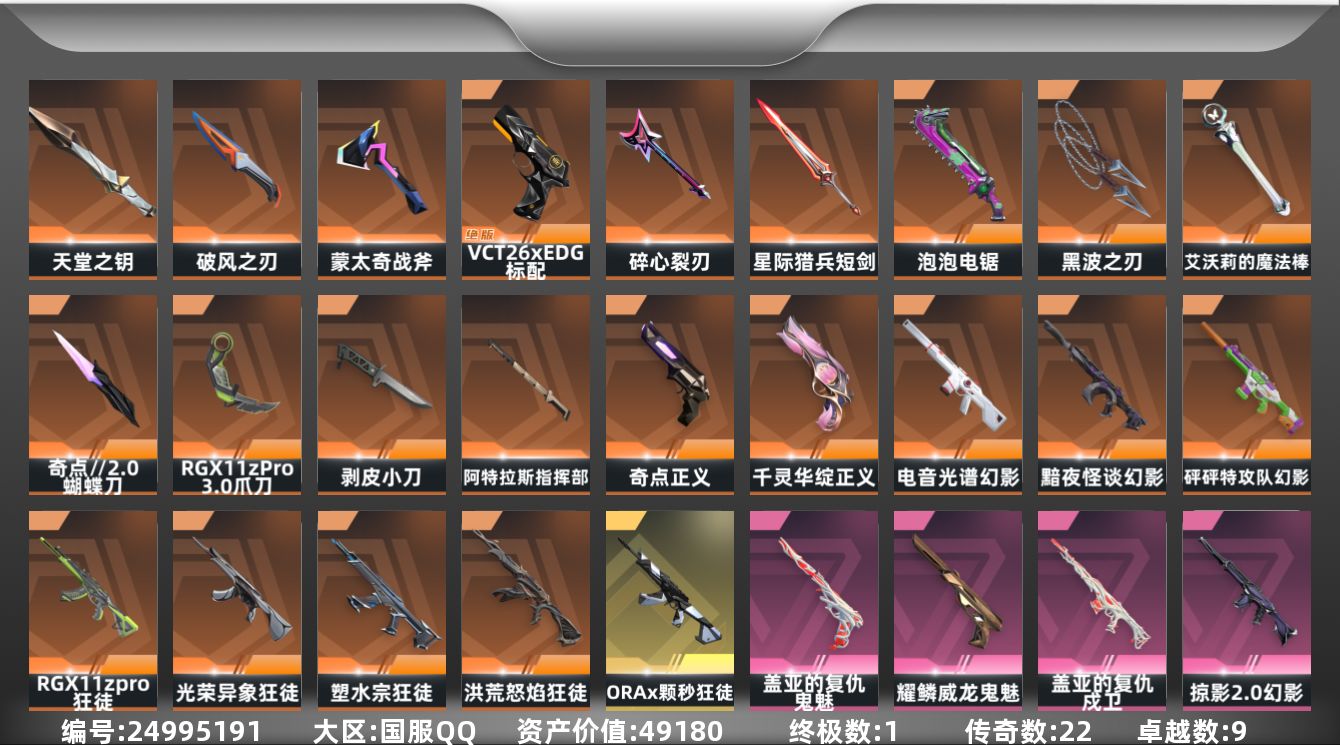 无畏契约账号QQ[24995191]22橙皮 1金皮 9紫皮 105皮肤 29英雄 131卡面 1220已用源晶 铂