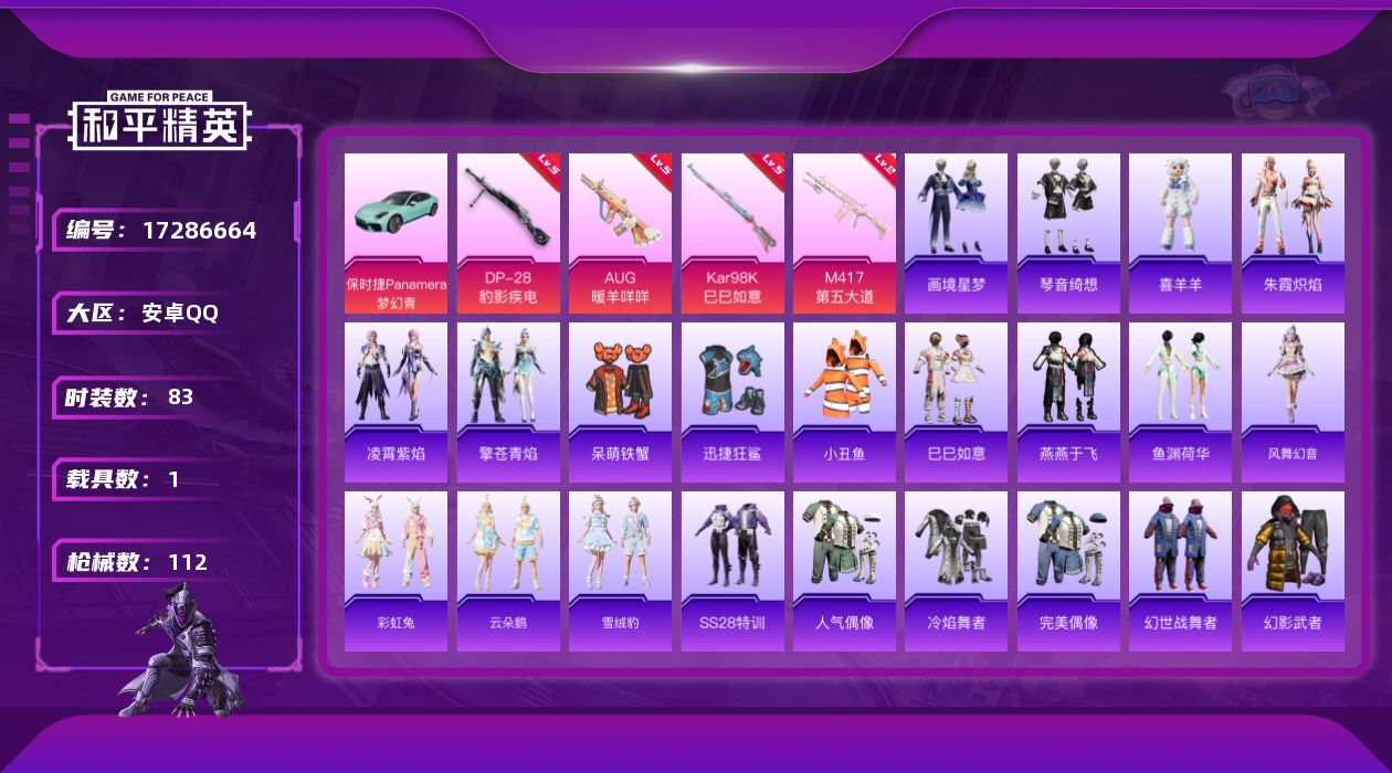 和平精英账号安卓QQ[17286664]安卓 手Q-1粉装-7特效枪-1载具-1粉色飞行器-29022热力值-6王牌印记-83套装-112枪皮
【热门品类】：套装-小丑鱼
【粉色枪皮等级】：AUG-暖羊咩咩(五级)，Ka