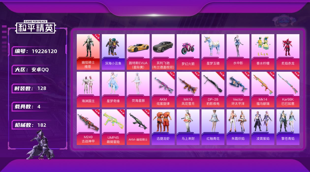 和平精英账号安卓QQ[19226120]安卓 手Q-1神装-6粉装-9特效枪-4载具-4粉色飞行器-63559热力值-6王牌印记-128套装-182枪皮
【红色神装等级】：幽焰骑士-维塔(三级)
【红色角色神装】：幽焰骑