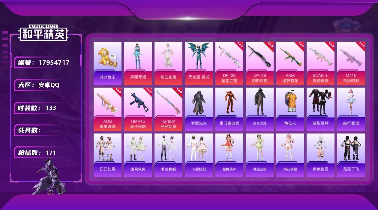 和平精英账号安卓QQ[17954717]安卓 手Q-3粉装-10特效枪-0载具-1粉色飞行器-49474热力值-16王牌印记-133套装-171枪皮
【热门品类】：套装-派对舞王，角色-军刀雅典娜，套装-暗夜之虎，套装-