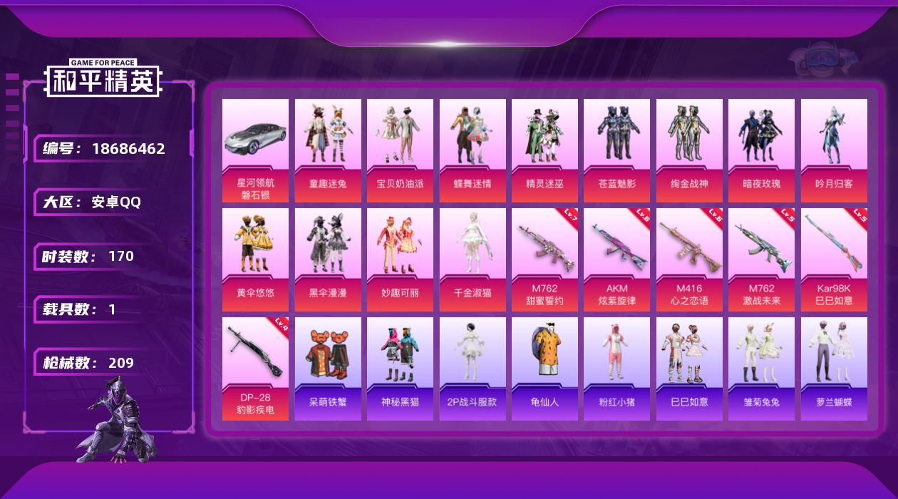 和平精英账号安卓QQ[18686462]安卓 手Q-12粉装-6特效枪-1载具-4粉色飞行器-74769热力值-10王牌印记-170套装-209枪皮
【热门品类】：粉装-童趣迷兔，角色-2P战斗服款，套装-龟仙人，套装-