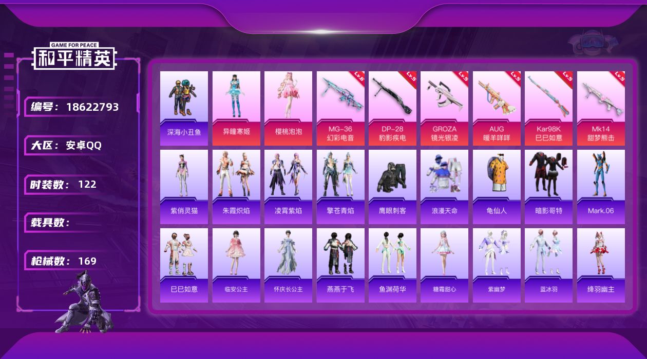 和平精英账号安卓QQ[18622793]安卓 手Q-2粉装-9特效枪-0载具-1粉色飞行器-47286热力值-5王牌印记-122套装-169枪皮
【热门品类】：套装-浪漫天命，套装-深海小丑鱼，套装-龟仙人，套装-暗影哥