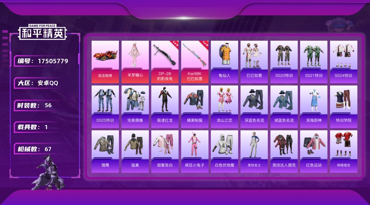 和平精英账号安卓QQ[17505779]安卓 手Q-1粉装-3特效枪-1载具-0粉色飞行器-19887热力值-1王牌印记-56套装-67枪皮
【热门品类】：套装-龟仙人
【粉色套装】：角色-羊梦糖心
【粉色枪皮等级】：A