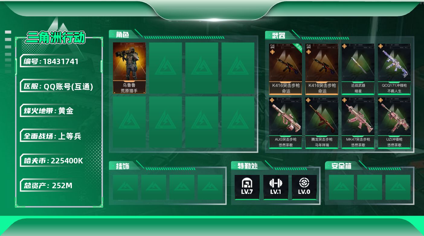 三角洲行动账号QQ252m总资产-k哈夫币-60烽火等级-黄金-16战场等级-上等兵
【干员外观】：乌鲁鲁-荒原猎手
【近战皮肤】：近战-暗星，近战-处刑者3级，近战-黑鹰
【典藏外观】：K416突击步枪-命运
【典藏
