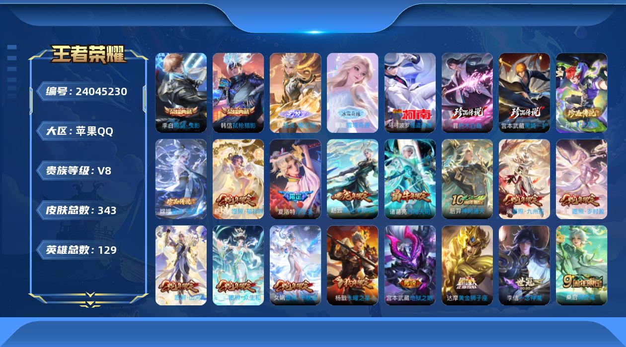 王者荣耀账号苹果QQ贵族8 荣耀典藏2 无双2 珍品传说5 传说皮肤23 史诗皮肤98 皮肤数量343 皮肤价值:263872 英雄129 最强王者 总场次11735