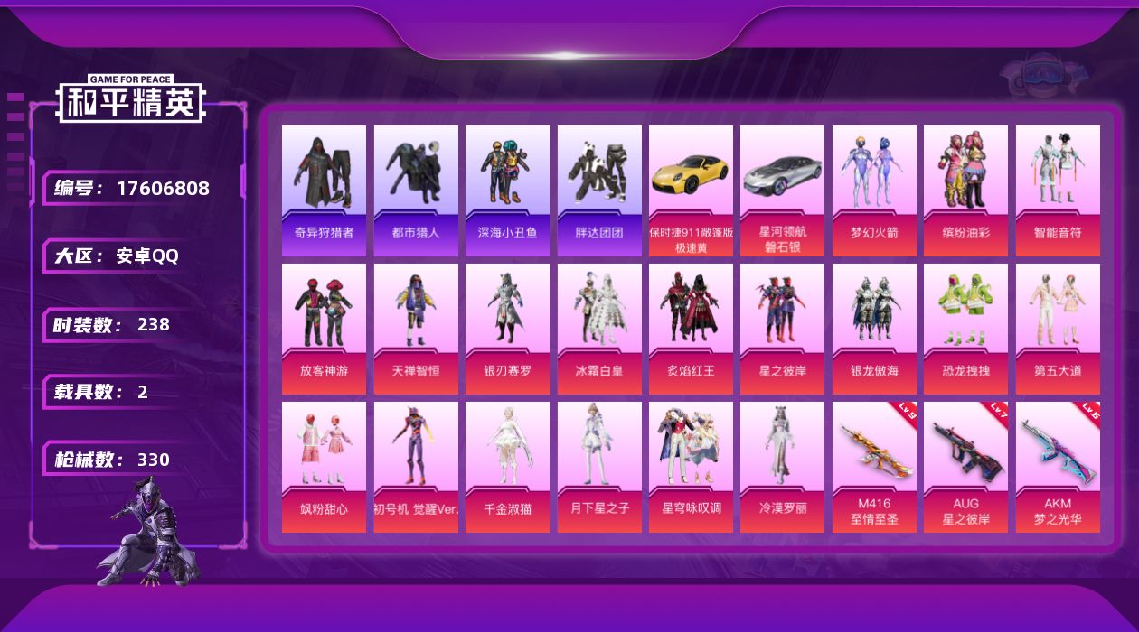 和平精英账号安卓QQ[17606808]【特价出售/店主推荐】 安卓 手Q-18粉装-21特效枪-2载具-12粉色飞行器-112467热力值-20王牌印记-238套装-330枪皮【热门品类】：粉装-梦幻火箭，粉装-缤纷油
