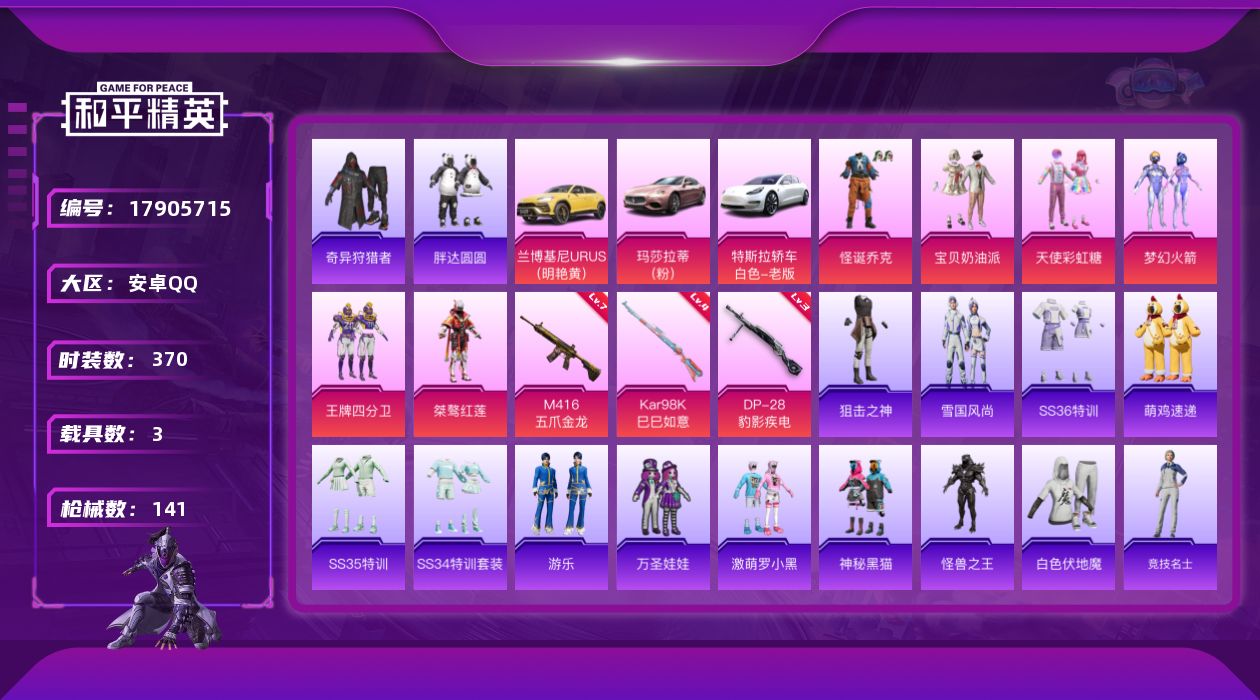 和平精英账号安卓QQ6粉装 3特效枪 3载具 10印记 可二次 可修改实名 
【热门装扮】奇异狩猎者,梦幻火箭(新101