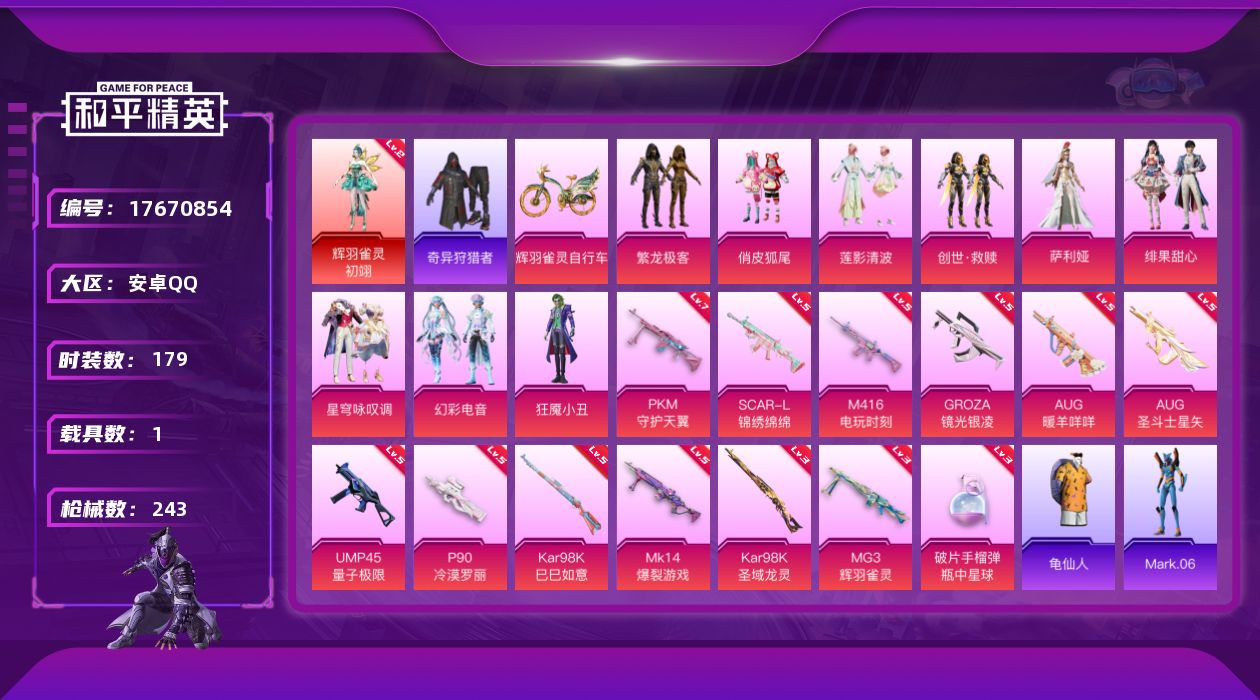 和平精英账号安卓QQ[17670854]安卓 手Q-1神装-10粉装-13特效枪-1载具-8粉色飞行器-83565热力值-11王牌印记-179套装-243枪皮
【红色神装等级】：辉羽雀灵-初翊(二级)
【红色角色神装】：