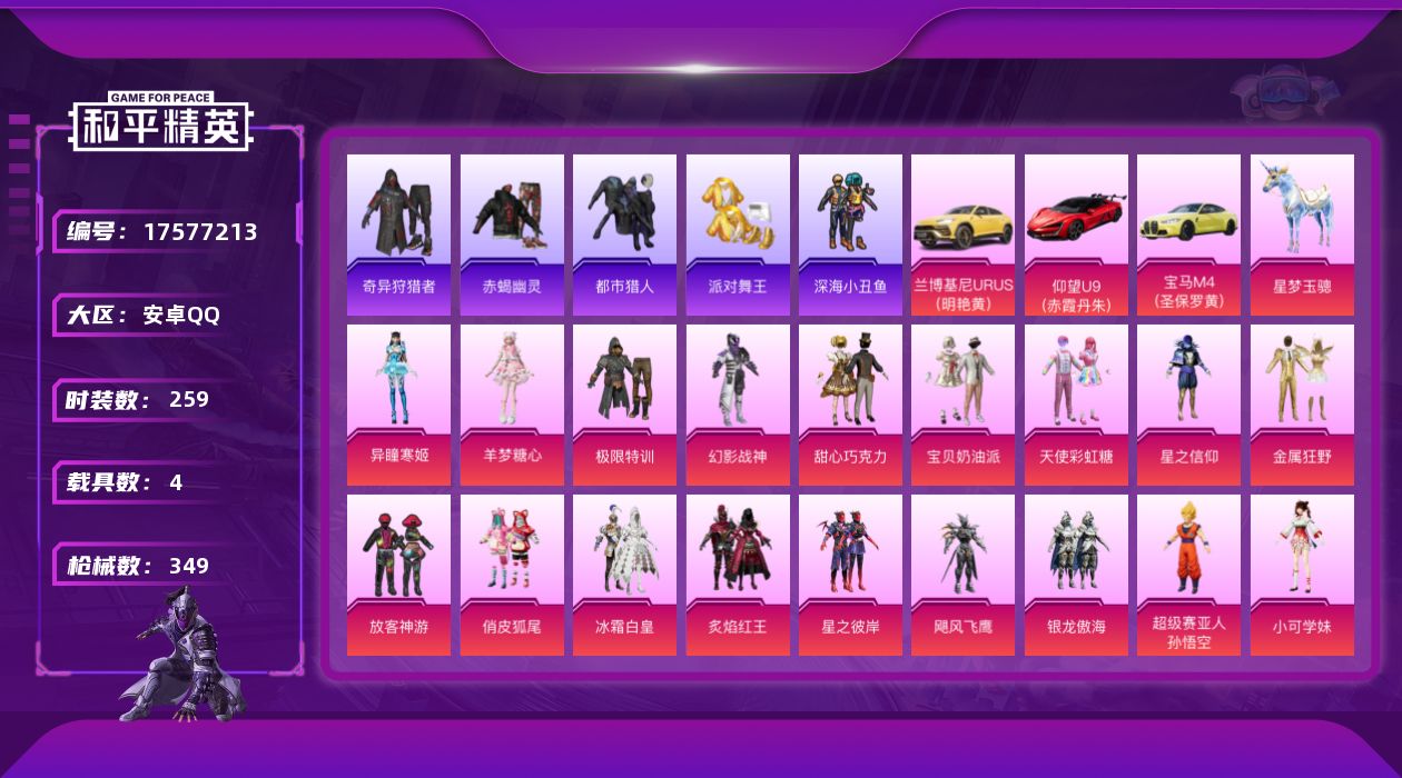 和平精英账号安卓QQ[17577213]DAS9767 包人脸 安卓Q-6稀有4载具26粉装21特效枪28热门259套装349枪皮 123323热力值 18印记 历史卓越王牌22星 奇异狩猎者 赤蝎幽灵 都市猎人 浪漫天