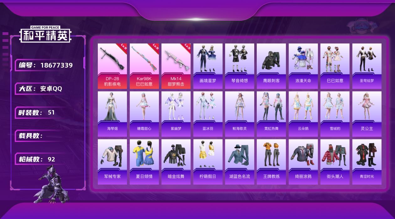 和平精英账号安卓QQ[18677339]安卓 手Q-1粉装-6特效枪-0载具-1粉色飞行器-23821热力值-1王牌印记-51套装-92枪皮
【热门品类】：套装-浪漫天命
【粉色套装】：角色-罪夜之冕
【粉色枪皮等级】：