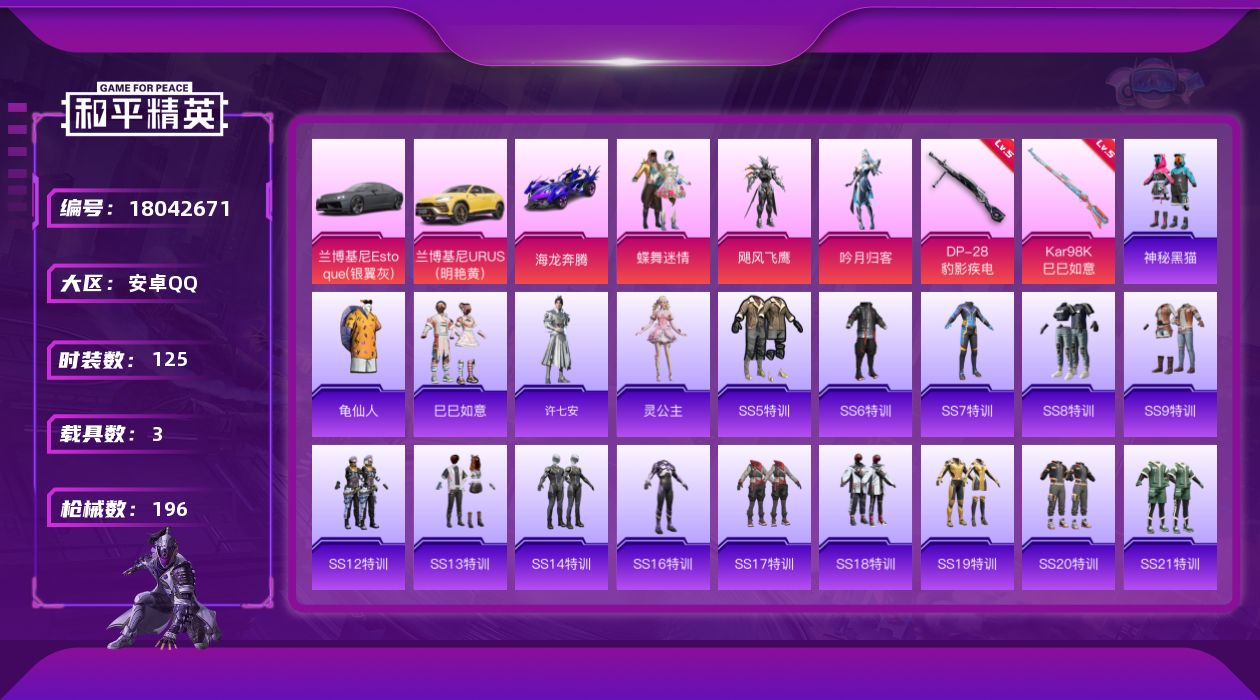 和平精英账号安卓QQ[18042671]【特价出售/店主推荐】安卓 手Q-4粉装-5特效枪-3载具-2粉色飞行器-60066热力值-10王牌印记-125套装-196枪皮【热门品类】：套装-龟仙人【粉色套装】：粉装-蝶舞迷