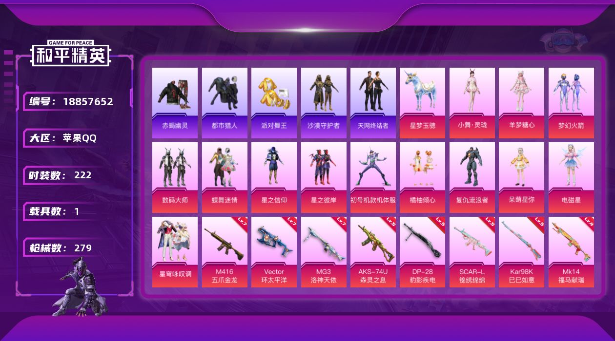 和平精英账号苹果QQ[18857652]222套装/枪械14/装备370/载具1/战备189/王牌印记12/热力值88474/五级SCAR-L-锦绣绵绵/七级M416-五爪金龙/三级AUG-星之彼岸/三级AUG-星梦奇缘