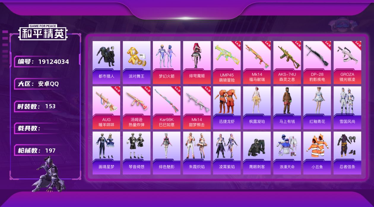 和平精英账号安卓QQ[19124034]安卓手Q-2粉装-9特效枪-3粉色飞行器-52853热力值-8王牌印记-153套装-197枪皮
【热门品类】：粉装-梦幻火箭，套装-浪漫天命，套装-都市猎人，套装-派对舞王，套装-