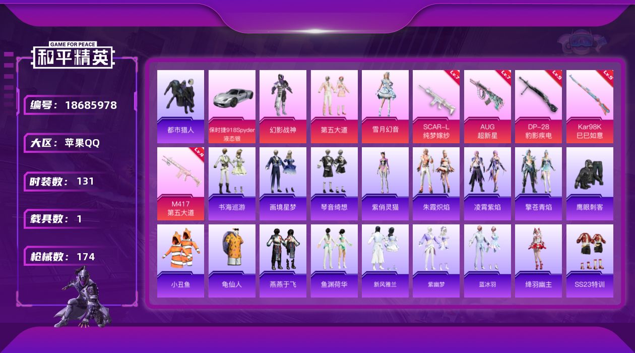 和平精英账号苹果QQ[18685978]苹果 手Q-3粉装-11特效枪-1载具-2粉色飞行器-53451热力值-8王牌印记-131套装-174枪皮
【热门品类】：套装-都市猎人，套装-小丑鱼，套装-龟仙人
【粉色套装】：