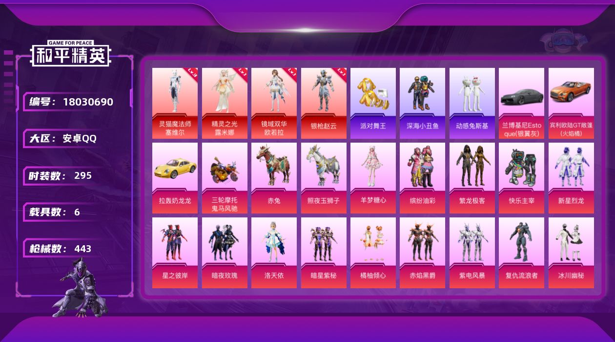 和平精英账号安卓QQ[18030690]时装数: 295 载具数: 6 枪械数: 443 战备数: 304 神级装扮: 