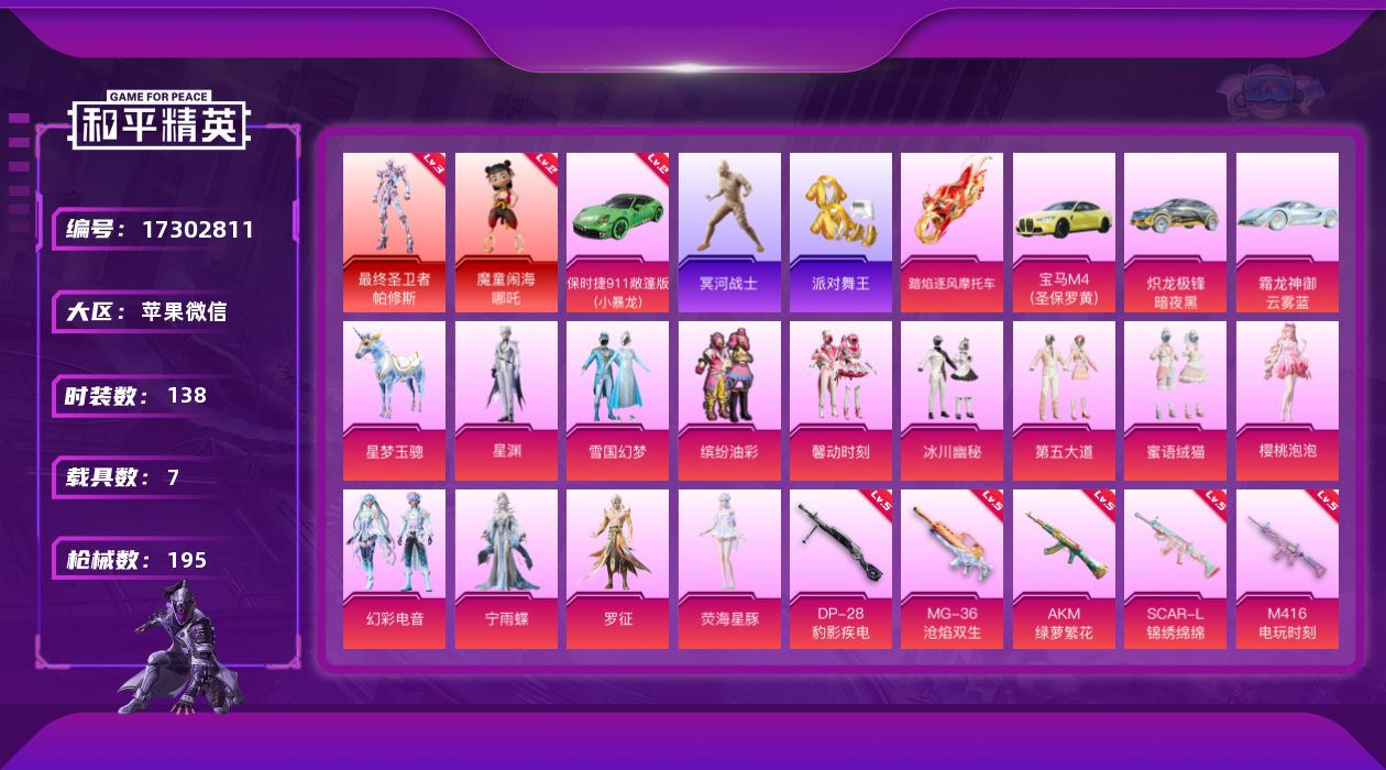 和平精英账号苹果微信[17302811]【店主推荐捡漏号！可直接换绑】苹果 微信-2神装-12粉装-17特效枪-7载具-9粉色飞行器-81818热力值-12王牌印记-138套装-195枪皮【红色载具】：保时捷911 敞篷