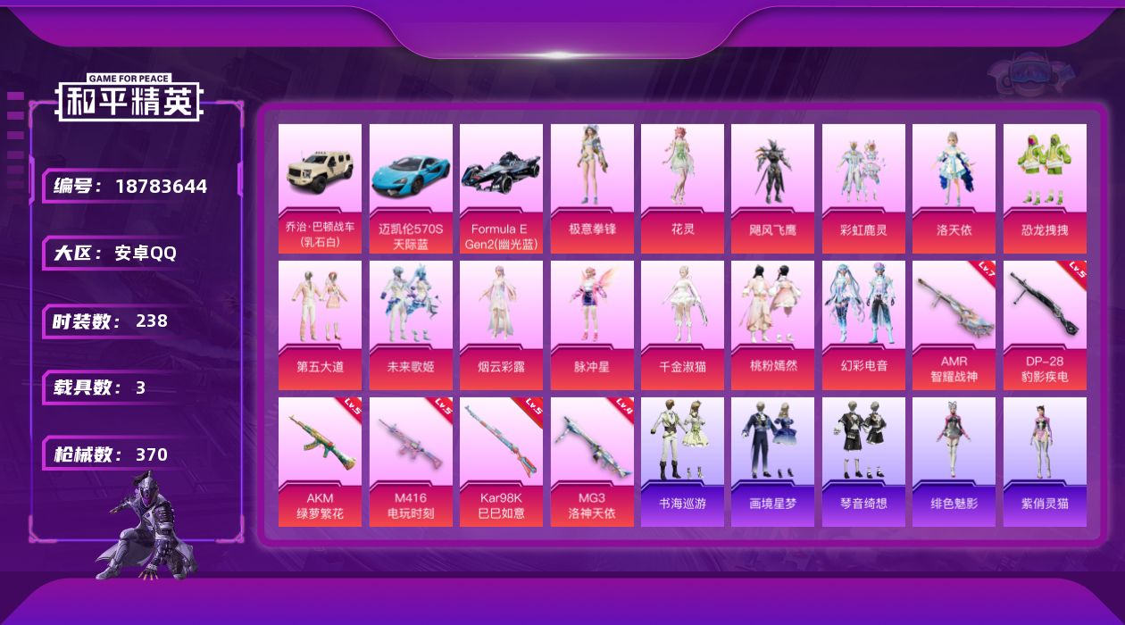 和平精英账号安卓QQ[18783644]安卓 手Q-13粉装-8特效枪-3载具-7粉色飞行器-117391热力值-16王牌印记-238套装-370枪皮
【热门品类】：角色-军刀雅典娜，套装-龟仙人，角色-8号机，角色-M