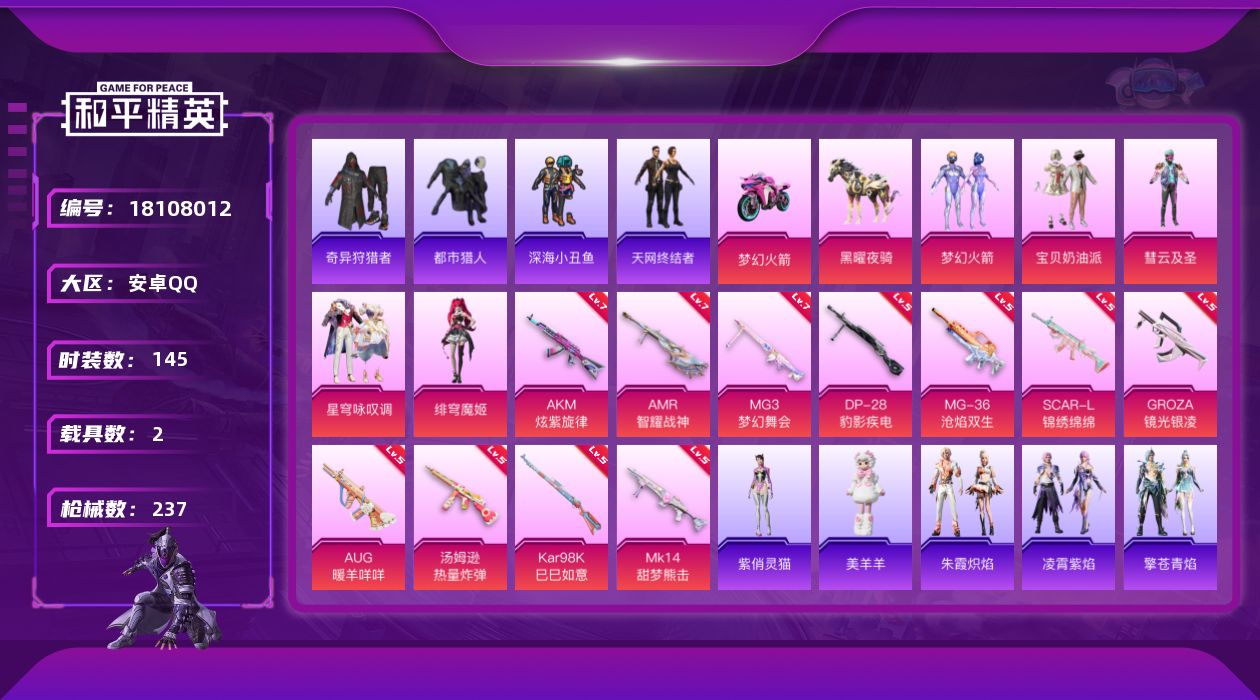 和平精英账号安卓QQ[18108012]安卓 手Q-5粉装-12特效枪-2载具-1粉色飞行器-67292热力值-14王牌印记-145套装-237枪皮
【热门品类】：粉装-梦幻火箭，套装-浪漫天命，套装-都市猎人，套装-深
