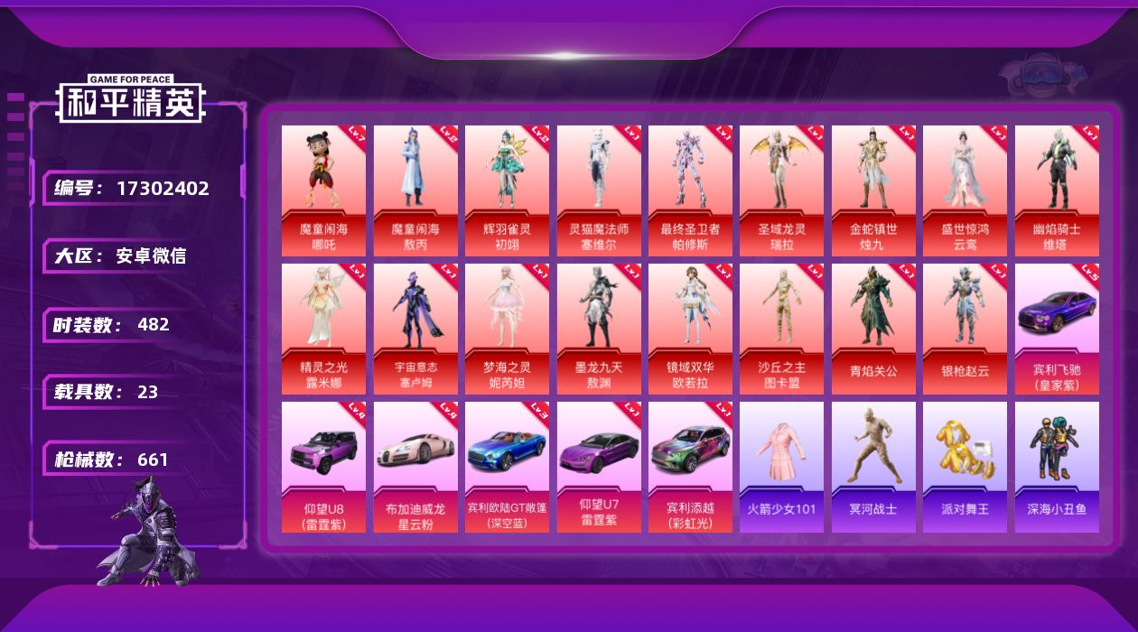 和平精英账号安卓微信[17302402]40w热力-老101-全素材-安卓-无敌战神框-17神装-88粉装-72特效枪-23载具-45粉色飞行器-24王牌印记-482套装-661枪皮
【红色载具】：宾利添越（彩虹光）(一