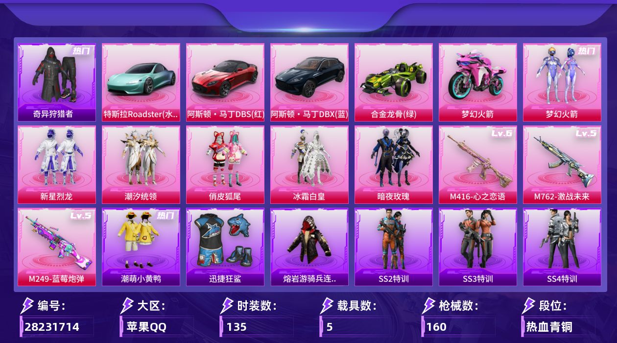 [28231714]苹果手Q-历史最高段位：超级王牌1星-6粉装-3特效枪-5载具-2粉色飞行器-58561热力值-2王牌印记-135套装-160枪皮
【热门品类】：粉装-梦幻火箭，套装-奇异狩猎者，套装-潮萌小黄鸭，熔岩游骑兵连帽夹克
【粉色套装】：粉装-梦幻火箭，粉装-新星烈龙，粉装-潮汐统领，粉装-俏皮狐尾，粉装-冰霜白皇，粉装-暗夜玫瑰
【粉色枪皮等级】：M416-心之恋语(六级)，M762-激战未来(五级)，M249-蓝莓炮弹(五级)
【粉色载具】：特斯拉Roadster（水滴蓝），阿斯顿马丁DBS（红），阿斯顿马丁DBX（蓝），合金龙骨（绿），双人摩托-梦幻火箭
【粉色枪皮】：M416-心之恋语，M762-激战未来，M249-蓝莓炮弹
【粉色飞行器】：梦幻火箭飞行器，夏日绵绵冰飞行器
【粉色降落伞】：深海曼妙降落伞，百万伏特降落伞，梦幻火箭降落伞，阿狸红降落伞，夏日绵绵冰降落伞，银刃赛罗降落伞，童趣迷兔降落伞，蓝莓炮弹降落伞
【稀有枪皮】：AKM-四圣焕新，AKM-夜灯，AKM-奇异狩猎者，AKM-灼热熔岩，AKM-玉龙，AKM-破晓战魂，AKM-缤纷海域，AKM-虎虎生威，AKM-锦绣火鲤，AKM-阿狸红，AKM-霓虹街区，M16A4-幻世战舞者，M16A4-红色方程式，M16A4-魔法学院，SCAR-L-夏日绵绵冰，SCAR-L-炫彩节奏，SCAR-L-红色方程式，SCAR-L-雷霆特警，M416-夜灯，M416-滑板小狐，M416-神秘黑猫，M416-红色方程式，M416-蓝色火焰，M416-魔法学院，GROZA-治愈之星，GROZA-蓝莓炮弹，GROZA-黑色刀锋，AUG-青春冒险家，QBZ-原初圣火，QBZ-彩虹符号，M762-奇异狩猎者，M762-拳皇97，M762-潮萌小黄鸭，M762-牛气冲天，M762-瑞龙福将，M762-绯红前夜，M762-镭射皇者，Mk47-百万伏特，Mk47-青春冒险家，G36C-暗夜玫瑰，G36C-荒野猎神，G36C-金风玉露，UZI-众神之王，UZI-炫彩节奏，UZI-生命誓言，UZI-魔法学院，UMP45-夜灯，UMP45-生命誓言，UMP45-蓝色火焰，Vector-PEL轰鸣竞梦者，Vector-彩虹符号，Vector-治愈之星，Vector-生命誓言，Vector-香水柠檬，Vector-黑色刀锋，汤姆逊-勇闯险境，汤姆