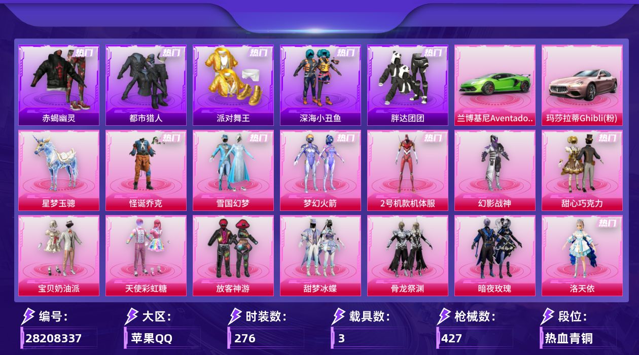 [28208337]苹果手Q-历史最高段位：卓越王牌22星-18粉装-18特效枪-3载具-5粉色飞行器-140620热力值-25王牌印记-276套装-427枪皮
【热门品类】：粉装-怪诞乔克，粉装-雪国幻梦，粉装-梦幻火箭，粉装-2号机款机体服，套装-浪漫天命，套装-赤蝎幽灵，套装-都市猎人，套装-派对舞王，套装-深海小丑鱼，套装-小丑鱼，套装-胖达团团，套装-龟仙人，套装-暗影哥特
【粉色套装】：粉装-幻影战神，粉装-怪诞乔克，粉装-甜心巧克力，粉装-宝贝奶油派，粉装-天使彩虹糖，粉装-雪国幻梦，粉装-梦幻火箭，粉装-放客神游，粉装-甜梦冰蝶，粉装-骨龙祭渊，粉装-暗夜玫瑰，角色-洛天依，角色-2号机款机体服，粉装-橘柚倾心，粉装-寒光使者，粉装-炫光之旅，粉装-金丰海韵，角色-冷漠罗丽
【粉色枪皮等级】：AKM-甜心宝贝(七级)，SCAR-L-童趣迷兔(七级)，SCAR-L-青春物语(一级)，M416-五爪金龙(七级)，GROZA-焦糖拿铁(七级)，AUG-星梦奇缘(三级)，M762-甜蜜誓约(五级)，UZI-绮梦青鸾(五级)，UMP45-相思残雪(七级)，汤姆逊-玉魄流云(五级)，AKS-74U-信仰神谕(七级)，P90-能量风暴(七级)，Kar98K-巳巳如意(五级)，Mk14-福马献瑞(五级)，AMR-鸢尾晶梦(五级)，AA12-G-其乐融融(五级)，DP-28-扶摇飞仙(三级)，DP-28-豹影疾电(五级)
【粉色载具】：兰博基尼Aventador SVJ（翡翠绿），玛莎拉蒂Ghibli（粉），星梦玉骢
【粉色枪皮】：AKM-甜心宝贝，SCAR-L-童趣迷兔，SCAR-L-青春物语，M416-五爪金龙，GROZA-焦糖拿铁，AUG-星梦奇缘，M762-甜蜜誓约，UZI-绮梦青鸾，UMP45-相思残雪，汤姆逊-玉魄流云，AKS-74U-信仰神谕，P90-能量风暴，Kar98K-巳巳如意，Mk14-福马献瑞，AMR-鸢尾晶梦，AA12-G-其乐融融，DP-28-扶摇飞仙，DP-28-豹影疾电
【粉色飞行器】：炫彩糖果飞行器，精灵迷巫飞行器，梦幻火箭飞行器，太空嘟嘟飞行器，动力核心飞行器
【粉色降落伞】：深海曼妙降落伞，满月旋律降落伞，破风疾驰降落伞，甜心宝贝降落伞，梦幻火箭降落伞，甜蜜誓约降落伞，四圣焕新降落伞，扶摇飞仙降落伞，星之彼岸降落伞，暗夜玫瑰降落伞，洛神天依降落伞，