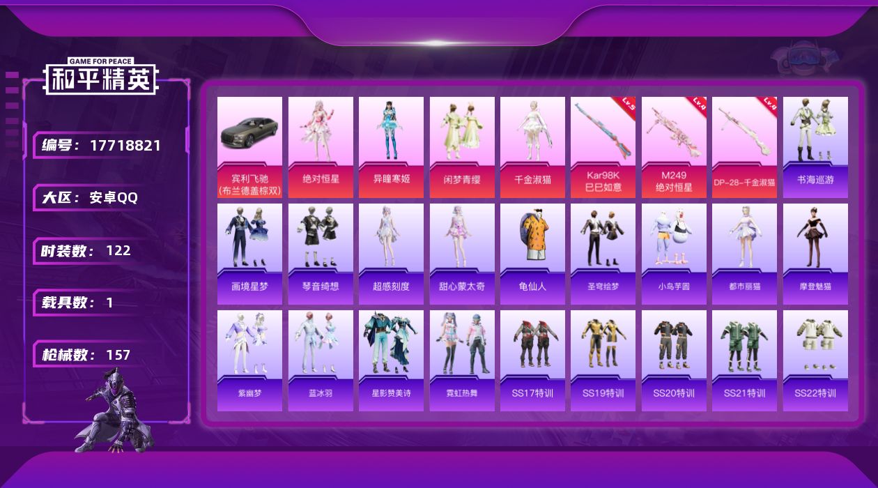 和平精英账号安卓QQ[17718821]安卓 手Q-4粉装-5特效枪-1载具-1粉色飞行器-46346热力值-8王牌印记-122套装-157枪皮
【热门品类】：套装-龟仙人
【粉色套装】：角色-绝对恒星，粉装-闲梦青缨，