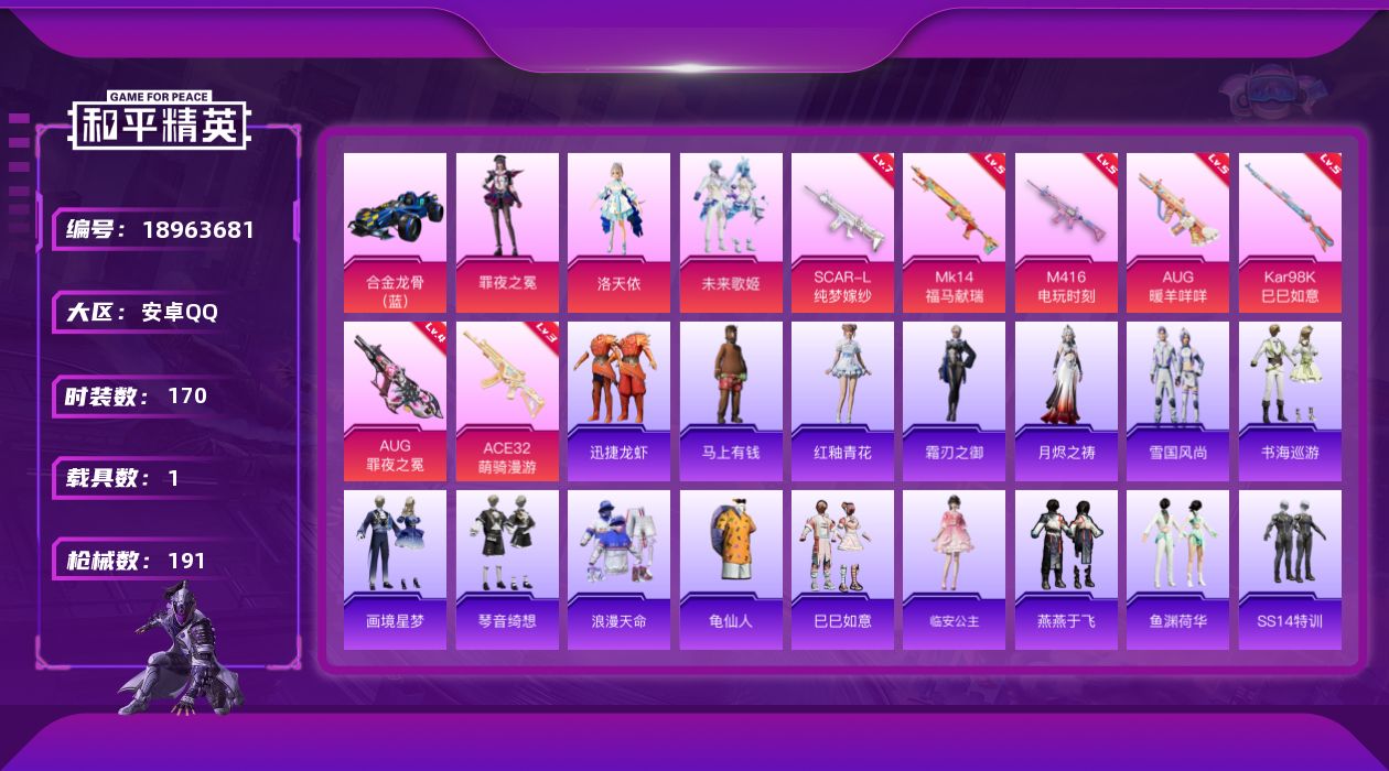 和平精英账号安卓QQ[18963681]170套装/枪械7/装备244/载具1/战备142/王牌印记14/热力值62449/七级SCAR-L-纯梦嫁纱/五级M416-电玩时刻/五级AUG-暖羊咩咩/四级AUG-罪夜之冕/