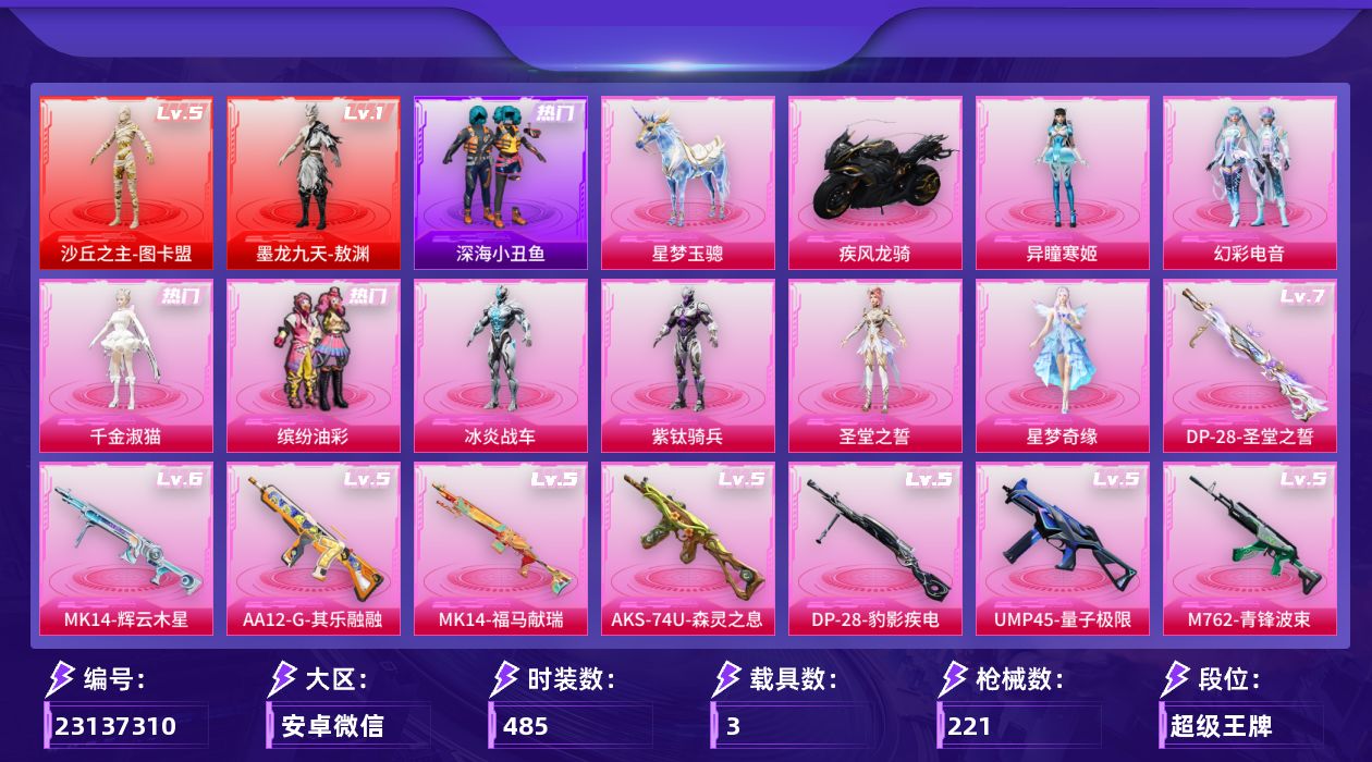 和平精英账号安卓微信[23137310]钱包注册不满15天。【精品号手慢无】历史王牌印记14，时装数485，载具数3，枪