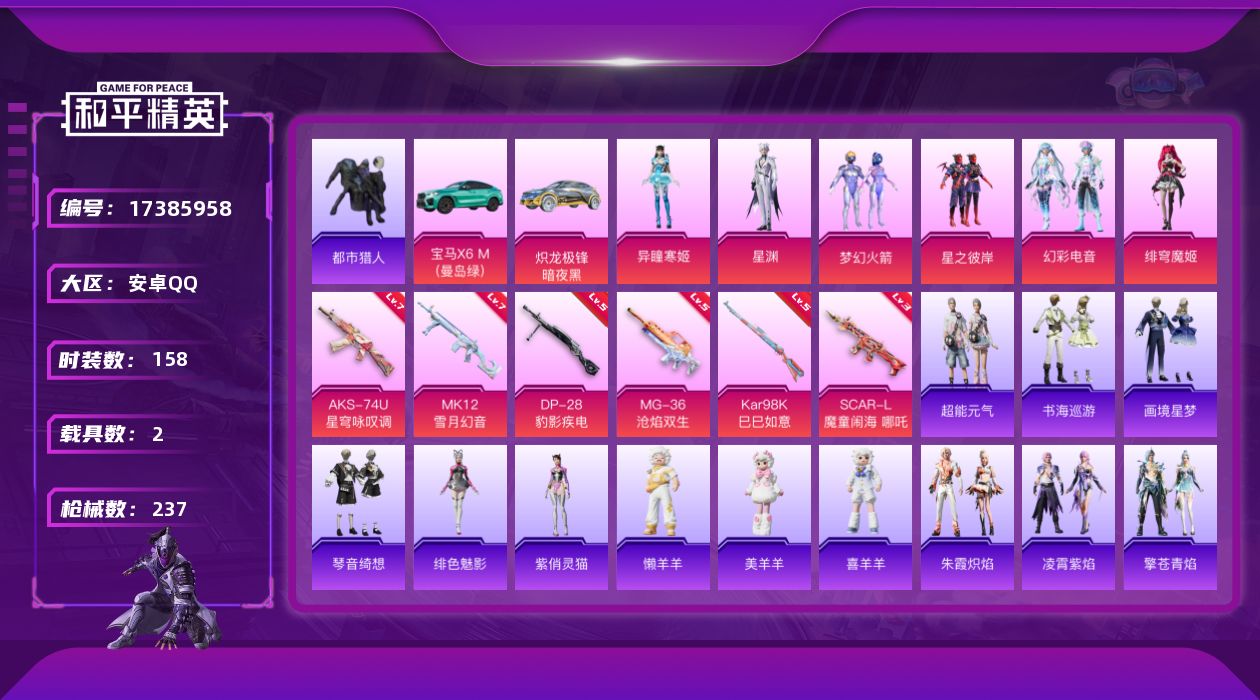 和平精英账号安卓QQ[17385958]【特价出售/店主推荐】都市    安卓 手Q-6粉装-7特效枪-2载具-8粉色飞行器-76333热力值-5王牌印记-158套装-237枪皮
【热门品类】：粉装-梦幻火箭，套装-都市