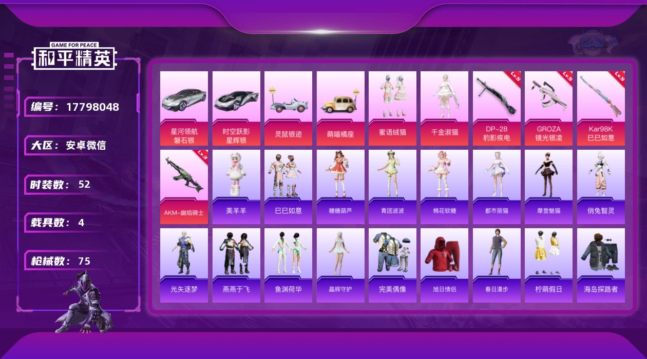 和平精英账号安卓微信[17798048]实名: 可修改 时装数: 219 载具数: 4 枪械数: 75 战备数: 63 