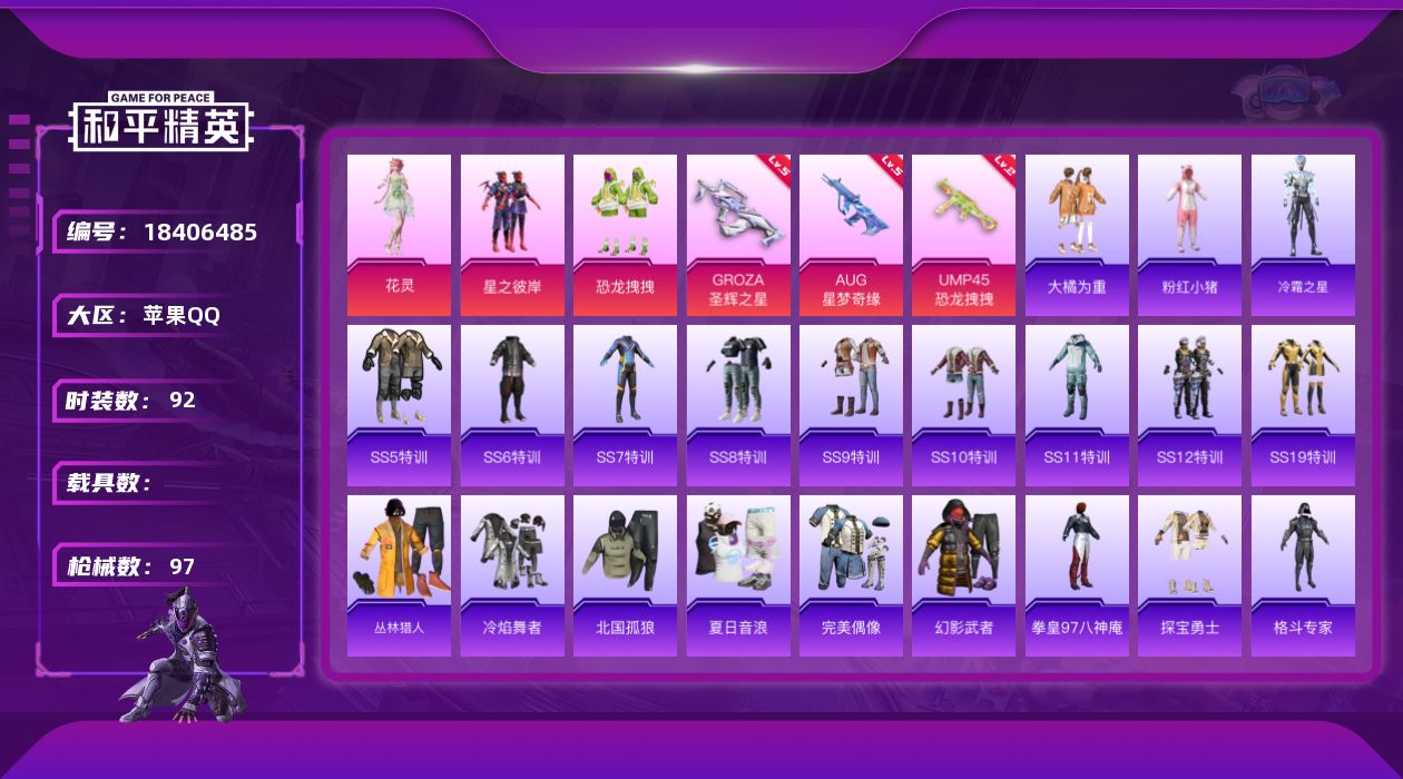 和平精英账号苹果QQ[18406485]无敌战神框  AUG-星梦奇缘五级  苹果 手Q-无敌战神框-3粉装-4特效枪-0载具-1粉色飞行器-31279热力值-8王牌印记-92套装-97枪皮
【热门品类】：套装-粉红小猪