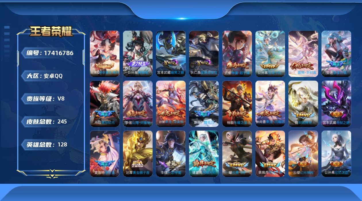 王者荣耀账号安卓QQ128英雄-245皮肤--V8-1典藏1无双33传说 2星传说 幽冥之眼 星际治安官【全皮英雄】 夏