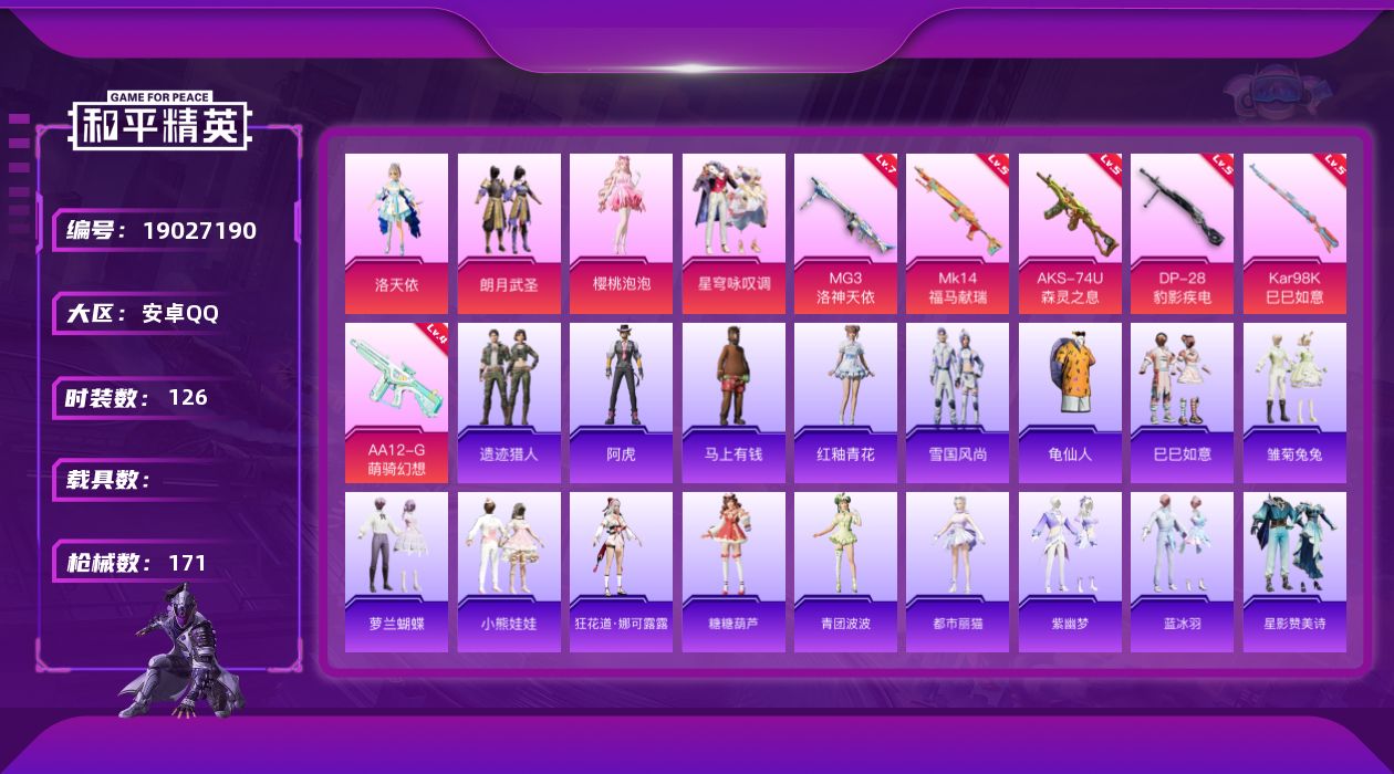 和平精英账号安卓QQ[19027190]安卓 手Q-4粉装-6特效枪-0载具-2粉色飞行器-48047热力值-9王牌印记-126套装-171枪皮
【热门品类】：套装-龟仙人
【粉色套装】：角色-洛天依，粉装-朗月武圣，角