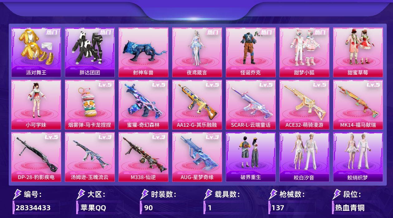 [28334433]苹果手Q-历史最高段位：卓越王牌10星-5粉装-10特效枪-1载具-2粉色飞行器-43259热力值-3王牌印记-90套装-137枪皮
【热门品类】：粉装-怪诞乔克，套装-浪漫天命，套装-派对舞王，套装-胖达团团，套装-潮萌小黄鸭，套装-糯粉咩咩
【粉色套装】：粉装-怪诞乔克，粉装-甜梦小狐，粉装-甜蜜草莓，角色-小可学妹，角色-夜鸢箴言
【粉色枪皮等级】：SCAR-L-云端童话(五级)，AUG-星梦奇缘(三级)，蜜獾-奇幻森林(五级)，ACE32-萌骑漫游(五级)，汤姆逊-玉魄流云(三级)，Mk14-福马献瑞(五级)，AA12-G-其乐融融(五级)，DP-28-豹影疾电(五级)，M338-仙逆(三级)，烟雾弹-马卡龙捏捏(五级)
【粉色载具】：射神车兽
【粉色枪皮】：SCAR-L-云端童话，AUG-星梦奇缘，蜜獾-奇幻森林，ACE32-萌骑漫游，汤姆逊-玉魄流云，Mk14-福马献瑞，AA12-G-其乐融融，DP-28-豹影疾电，M338-仙逆，烟雾弹-马卡龙捏捏
【粉色飞行器】：炫彩糖果飞行器，星罗盘飞行器
【粉色降落伞】：洛神天依降落伞，甜梦小狐降落伞，仲夏莫吉托降落伞，炫彩糖果降落伞，鸢尾珑雾降落伞，仙逆降落伞，夜鸢箴言降落伞，君莫笑降落伞，吾皇猫降落伞
【稀有套装】：套装-雪国风尚，套装-炫彩糖果，套装-马上来财，套装-迅捷龙虾，角色-碧琪联名款，角色-雾鬃联名款，套装-云宝联名款，套装-其乐融融，套装-彩旗巡礼，套装-晴夏甜甜，套装-荒原烈焰，套装-破界重生，套装-黑曜晚宴，套装-破风疾驰，套装-画境星梦，套装-琴音绮想，角色-云韶流音，套装-雨过天青，套装-红釉青花，套装-锦灰蝶梦，套装-燕雀桃枝，套装-玉兰双鹊，角色-莹鸢雪晶，套装-樱桃速写，套装-甜橙彩绘，角色-寒烟柔，玩偶服-吾皇猫来袭，套装-鲛绡织梦，套装-皎白汐音，套装-沁蓝之约，套装-风纪星徽，套装-薄荷书签
【稀有枪皮】：AKM-奇异狩猎者，AKM-龙的传人，AUG-耀粉歌者，ACE32-画境星梦，UZI-竞技角斗士，UMP45-夜灯，UMP45-春暖花开，UMP45-生命誓言，汤姆逊-甜梦小狐，汤姆逊-像素花束，MP5K-画境星梦，MP7-G-锦灰蝶梦，Mini14-穿刺龙虾，SLR-甜蜜草莓，AMR-喜羊羊与灰太狼，M417-锦灰蝶梦，M200-仲夏莫吉托，M1加兰德-画境星梦，S68