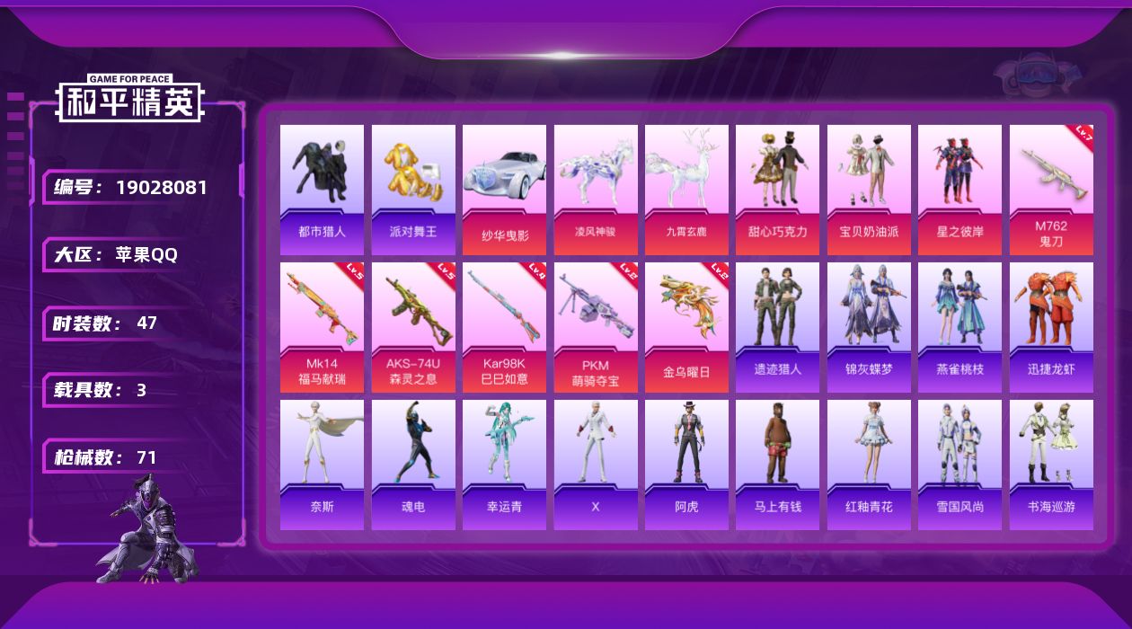 和平精英账号苹果QQ[19028081]苹果 手Q-3粉装-6特效枪-3载具-3粉色飞行器-25794热力值-4王牌印记-47套装-71枪皮
【热门品类】：套装-浪漫天命，套装-都市猎人，套装-派对舞王
【粉色套装】：粉