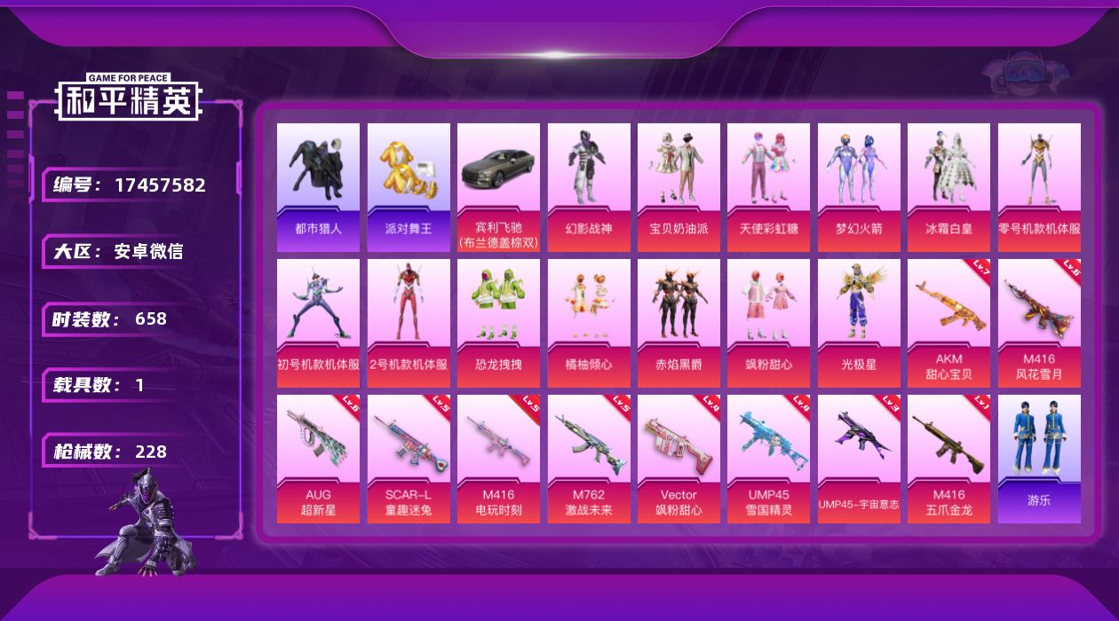 和平精英账号安卓微信[17457582]13粉装 10特效枪 1载具 14印记 可二次 可修改实名 
【热门装扮】零号机