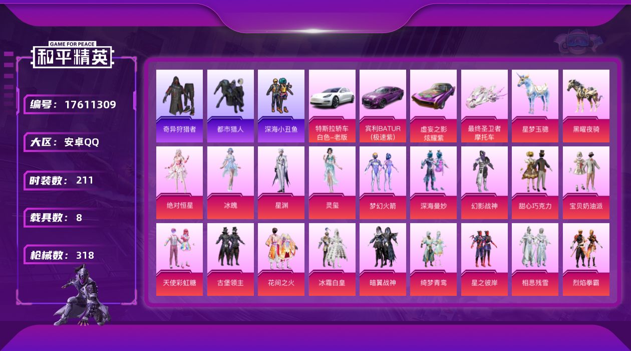 和平精英账号安卓QQ[17611309]【特价出售/店主推荐】安卓 手Q-31粉装-24特效枪-8载具-19粉色飞行器-131603热力值-8王牌印记-211套装-318枪皮
【热门品类】：粉装-梦幻火箭，套装-都市猎人