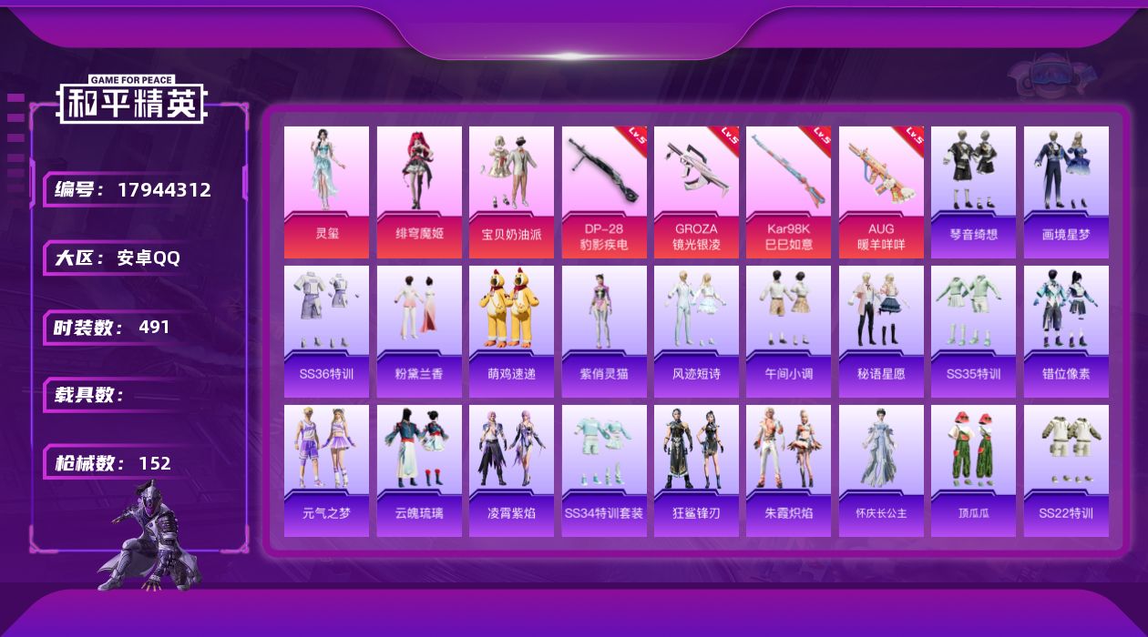 和平精英账号安卓QQ0载具-120套装-152枪皮-(连体王者178皮肤1典藏8传-3粉装6特效枪6热门120套装152