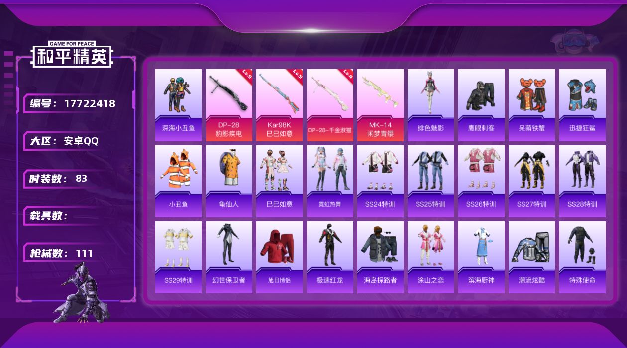 和平精英账号安卓QQ[17722418]安卓 手Q-0粉装-6特效枪-0载具-0粉色飞行器-28470热力值-5王牌印记-83套装-111枪皮【热门品类】：套装-深海小丑鱼，套装-小丑鱼，套装-龟仙人【粉色枪皮等级】：U