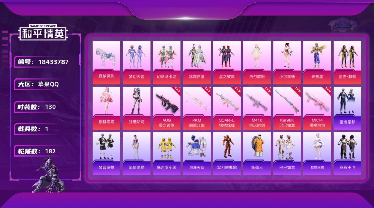 和平精英账号苹果QQ[18433787]苹果 手Q-11粉装-8特效枪-1载具-3粉色飞行器-59820热力值-4王牌印记-130套装-182枪皮
【热门品类】：粉装-梦幻火箭，套装-浪漫天命，角色-军刀雅典娜，套装-龟