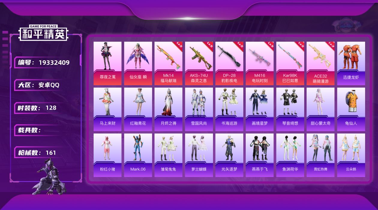 和平精英账号安卓QQ[19332409]安卓 手Q-2粉装-6特效枪-0载具-1粉色飞行器-44001热力值-11王牌印记-128套装-161枪皮
【热门品类】：套装-龟仙人，套装-粉红小猪，角色-Mark.06
【粉色