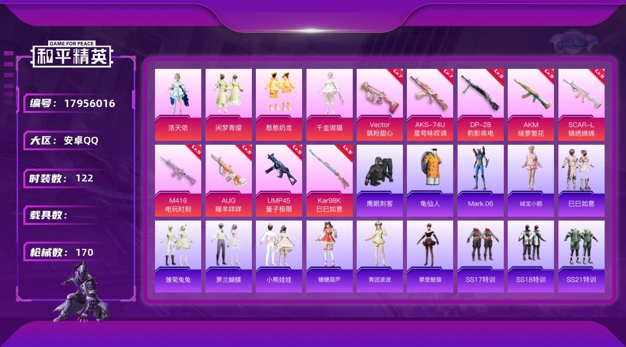 和平精英账号安卓QQ[17956016]安卓 手Q-4粉装-9特效枪-0载具-2粉色飞行器-52644热力值-17王牌印记-122套装-170枪皮
【热门品类】：套装-龟仙人，角色-Mark.06
【粉色套装】：角色-洛