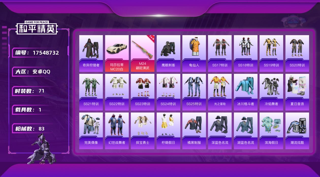 和平精英账号安卓QQ[17548732]安卓 手Q-0粉装-4特效枪-1载具-0粉色飞行器-23201热力值-5王牌印记-71套装-83枪皮
【热门品类】：套装-奇异狩猎者，套装-龟仙人
【粉色枪皮等级】：ACE32-萌