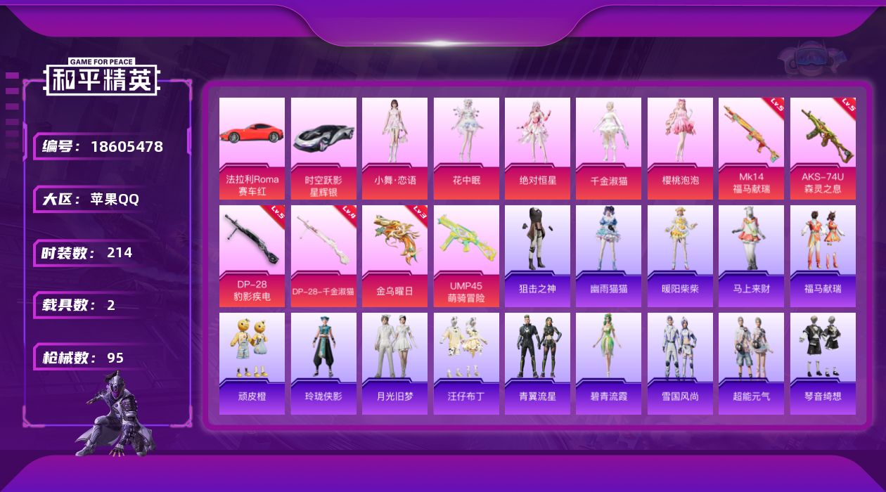 和平精英账号苹果QQ[18605478]5粉装 6特效枪 2载具 3印记 可二次 可修改实名 
【热门装扮】花中眠,樱桃