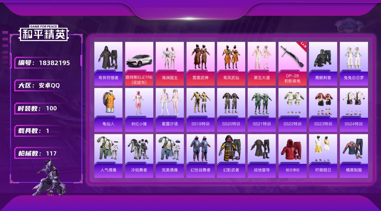 和平精英账号安卓QQ[18382195]安卓 手Q-4粉装-3特效枪-1载具-2粉色飞行器-32993热力值-2王牌印记-100套装-117枪皮
【热门品类】：套装-奇异狩猎者，套装-龟仙人，套装-粉红小猪
【粉色套装】