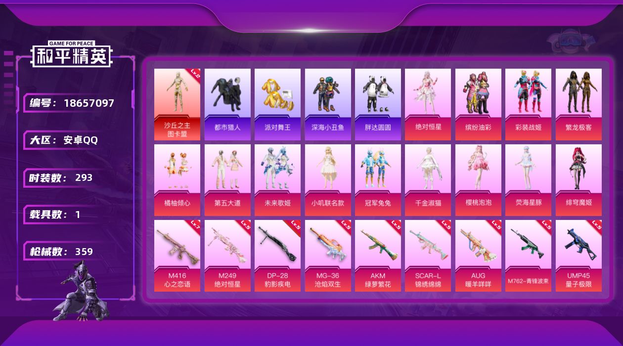 和平精英账号安卓QQ[18657097]安卓 手Q-1神装-14粉装-19特效枪-1载具-8粉色飞行器-123672热力值-19王牌印记-293套装-359枪皮
【红色神装等级】：沙丘之主-图卡盟(二级)
【红色角色神装