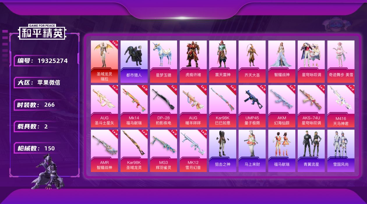 和平精英账号苹果微信[19325274]1红装 7粉装 14特效枪 2载具 6印记 可二次 可修改实名 
【二级神装】二