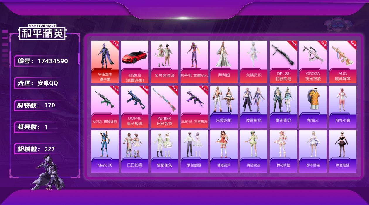 和平精英账号安卓QQ[17434590]安卓 手Q-1神装-4粉装-7特效枪-1载具-5粉色飞行器-71570热力值-17王牌印记-170套装-227枪皮
【红色神装等级】：宇宙意志-塞卢姆(二级)
【红色角色神装】：宇