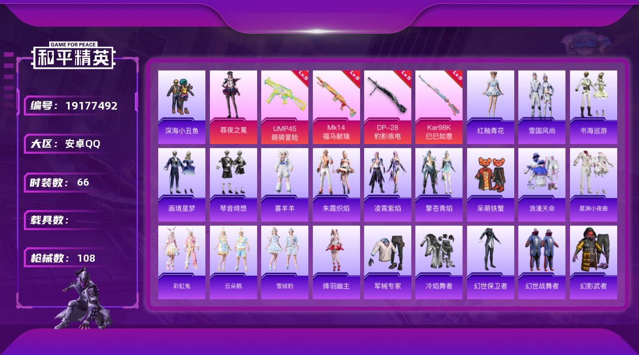 和平精英账号安卓QQ[19177492]安卓 手Q-1粉装-4特效枪-0载具-1粉色飞行器-25235热力值-5王牌印记-66套装-108枪皮
【热门品类】：套装-浪漫天命，套装-深海小丑鱼
【粉色套装】：角色-罪夜之冕